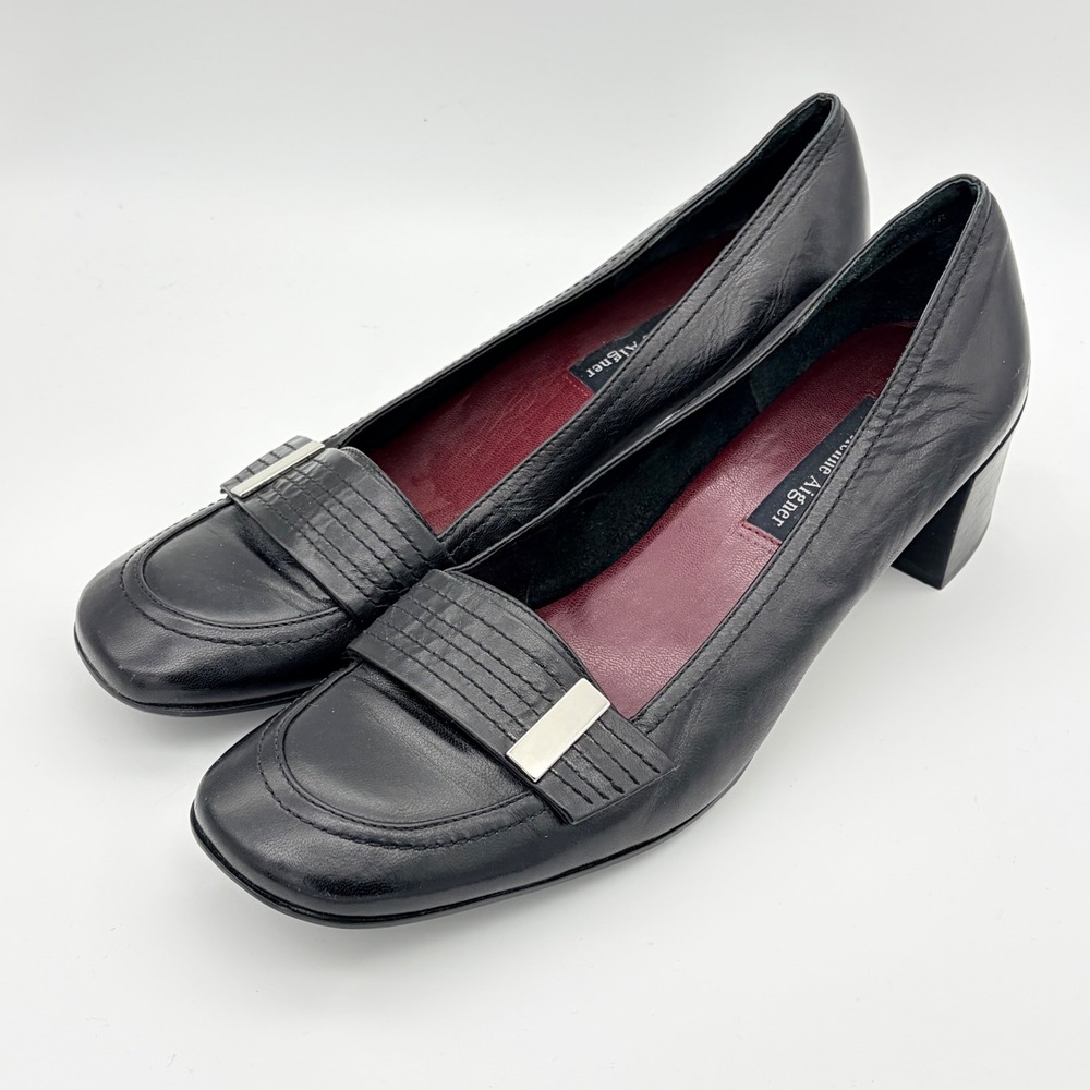 Etienne Aigner Study Black Leather Block Heel Loafers Square Toe 10M Business
